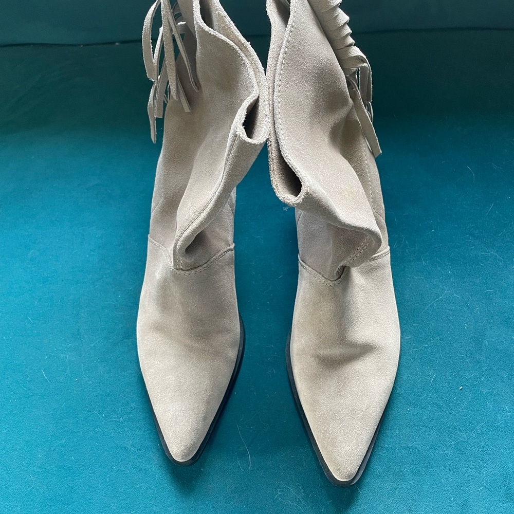 Zara Light Taupe Suede Pointed-Toe Fringe Ankle Boots